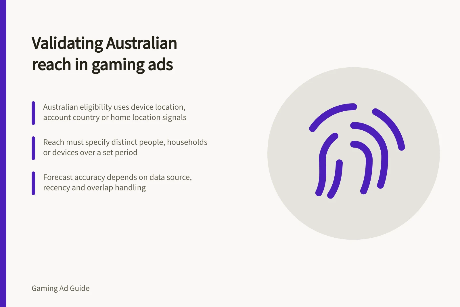 Validating Australian reach in gaming ads: Australian eligibility uses device location, account country or home location signals; Reach must specify distinct people, households or devices over a set period; Forecast accuracy depends on data source, recency and overlap handling