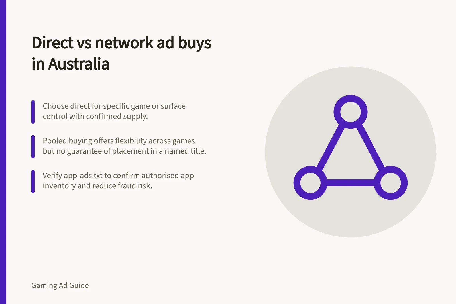 Direct vs network ad buys in Australia: Choose direct for specific game or surface control with confirmed supply.; Pooled buying offers flexibility across games but no guarantee of placement in a named title.; Verify app-ads.txt to confirm authorised app inventory and reduce fraud risk.