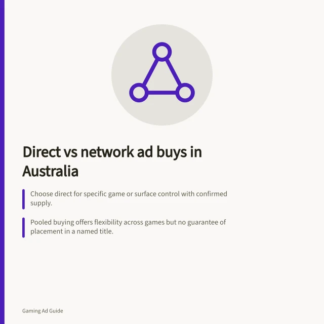 Direct vs network ad buys in Australia: Choose direct for specific game or surface control with confirmed supply.; Pooled buying offers flexibility across games but no guarantee of placement in a named title.; Verify app-ads.txt to confirm authorised app inventory and reduce fraud risk. Comparing direct game publisher deals with network buying