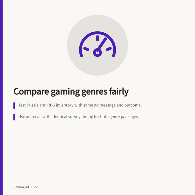 Compare gaming genres fairly: Test Puzzle and RPG inventory with same ad message and outcome; Use ad recall with identical survey timing for both genre packages; Check actual games, formats, devices and Australian audience rules in each package. Comparing genres with a consistent message