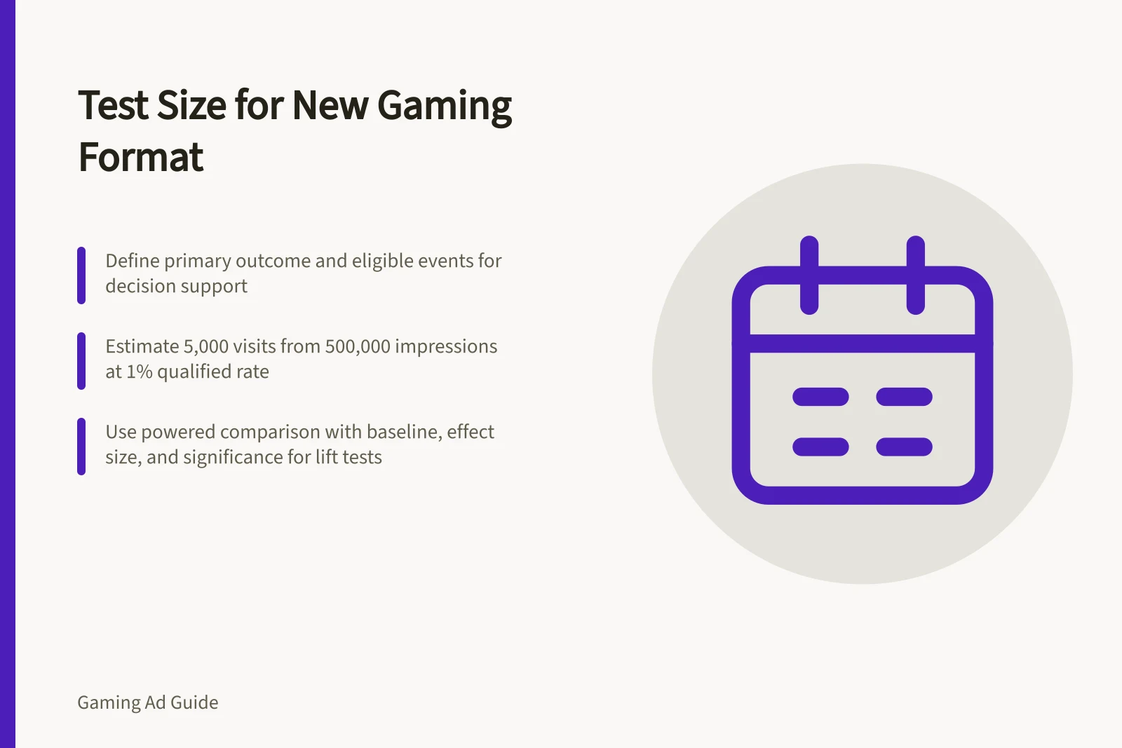 Test Size for New Gaming Format: Define primary outcome and eligible events for decision support; Estimate 5,000 visits from 500,000 impressions at 1% qualified rate; Use powered comparison with baseline, effect size, and significance for lift tests