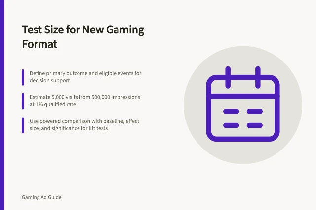 Test Size for New Gaming Format: Define primary outcome and eligible events for decision support; Estimate 5,000 visits from 500,000 impressions at 1% qualified rate; Use powered comparison with baseline, effect size, and significance for lift tests. Estimating a test size for a new gaming format