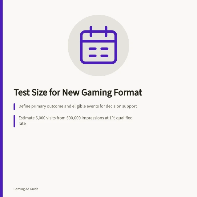 Test Size for New Gaming Format: Define primary outcome and eligible events for decision support; Estimate 5,000 visits from 500,000 impressions at 1% qualified rate; Use powered comparison with baseline, effect size, and significance for lift tests. Estimating a test size for a new gaming format