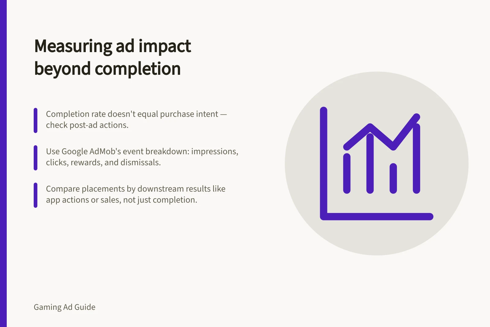 Measuring ad impact beyond completion: Completion rate doesn't equal purchase intent — check post-ad actions.; Use Google AdMob's event breakdown: impressions, clicks, rewards, and dismissals.; Compare placements by downstream results like app actions or sales, not just completion.