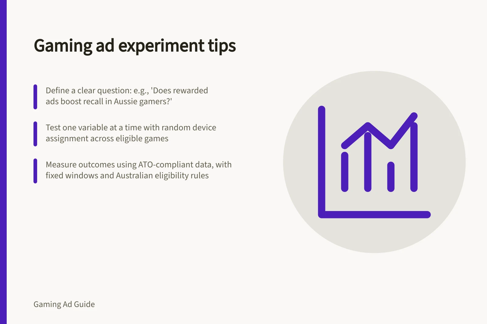 Gaming ad experiment tips: Define a clear question: e.g., 'Does rewarded ads boost recall in Aussie gamers?'; Test one variable at a time with random device assignment across eligible games; Measure outcomes using ATO-compliant data, with fixed windows and Australian eligibility rules