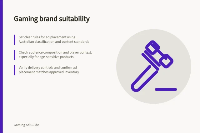 Gaming brand suitability: Set clear rules for ad placement using Australian classification and content standards; Check audience composition and player context, especially for age-sensitive products; Verify delivery controls and confirm ad placement matches approved inventory. Gaming brand suitability