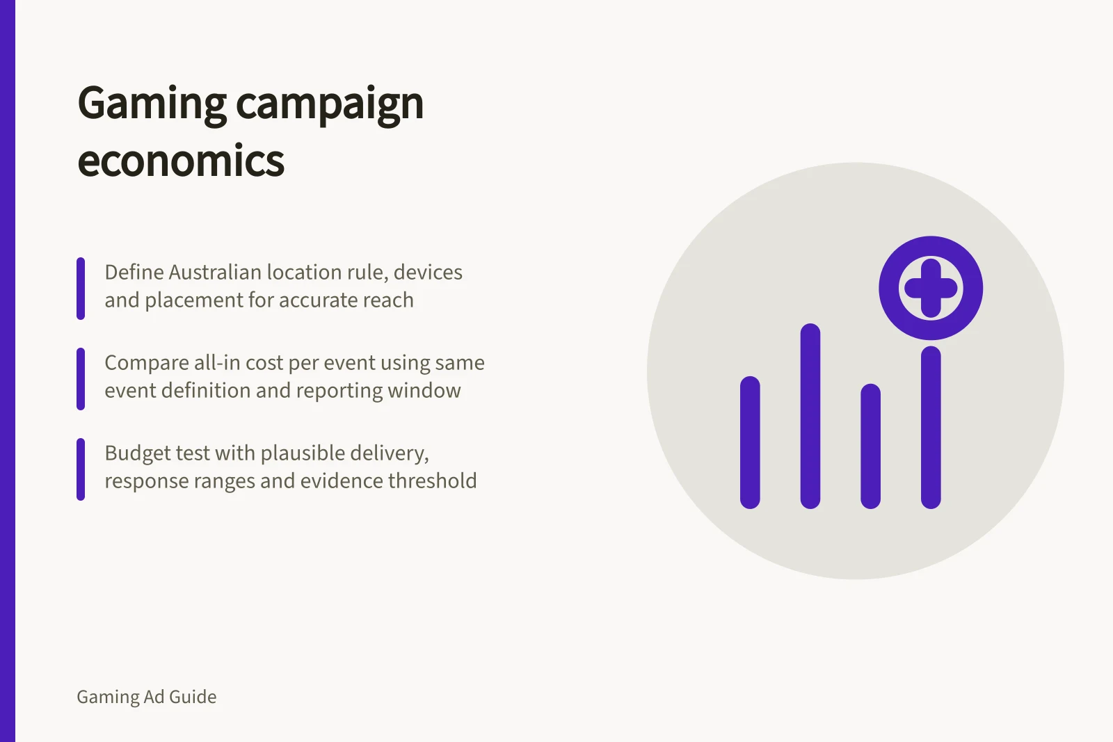 Gaming campaign economics: Define Australian location rule, devices and placement for accurate reach; Compare all-in cost per event using same event definition and reporting window; Budget test with plausible delivery, response ranges and evidence threshold
