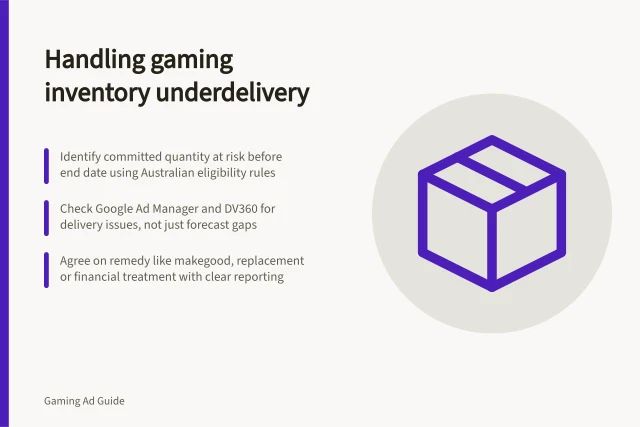 Handling gaming inventory underdelivery: Identify committed quantity at risk before end date using Australian eligibility rules; Check Google Ad Manager and DV360 for delivery issues, not just forecast gaps; Agree on remedy like makegood, replacement or financial treatment with clear reporting. Handling underdelivery in a gaming inventory package
