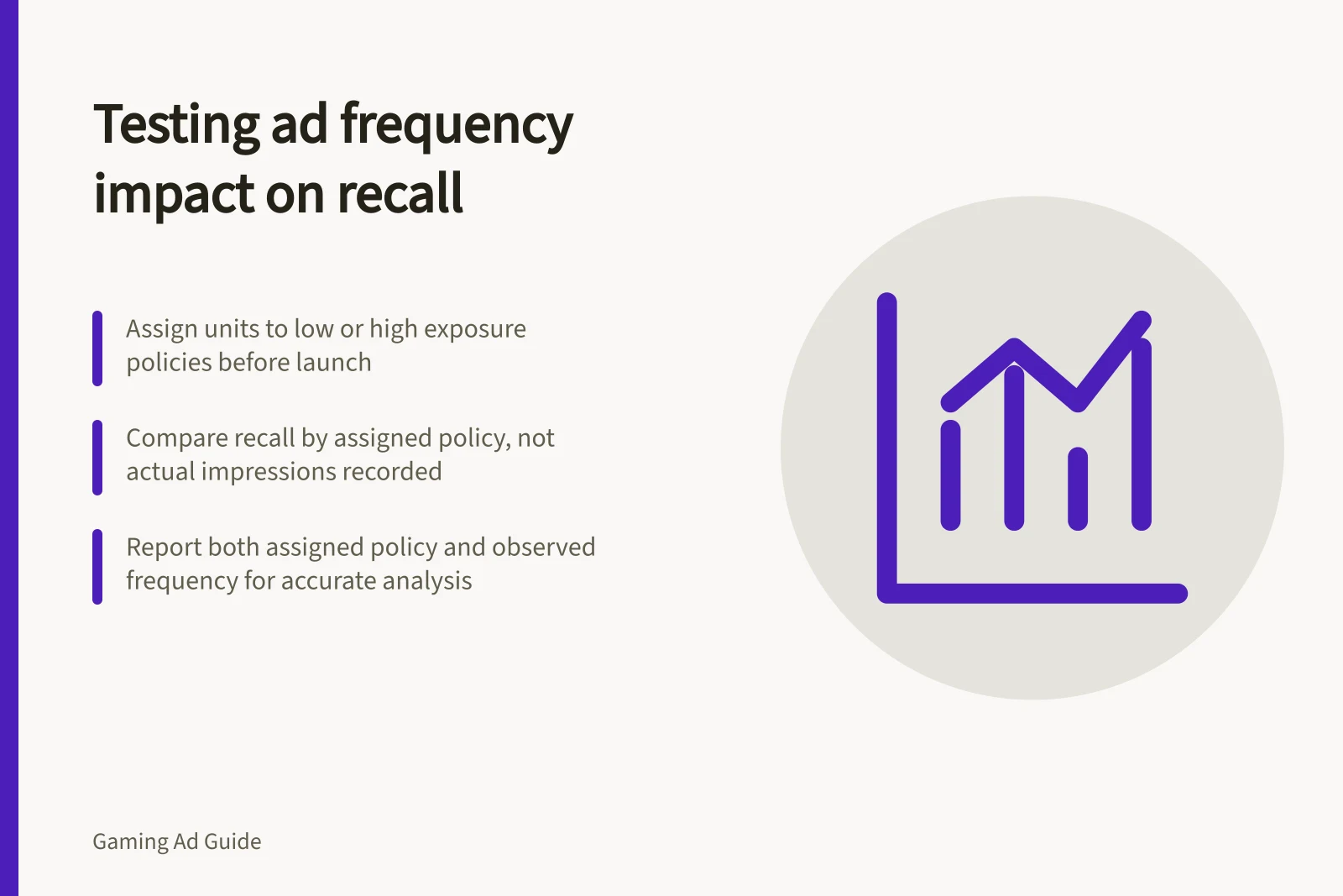 Testing ad frequency impact on recall: Assign units to low or high exposure policies before launch; Compare recall by assigned policy, not actual impressions recorded; Report both assigned policy and observed frequency for accurate analysis