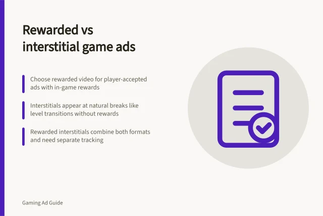 Rewarded vs interstitial game ads: Choose rewarded video for player-accepted ads with in-game rewards; Interstitials appear at natural breaks like level transitions without rewards; Rewarded interstitials combine both formats and need separate tracking. Rewarded video versus interstitial game ads