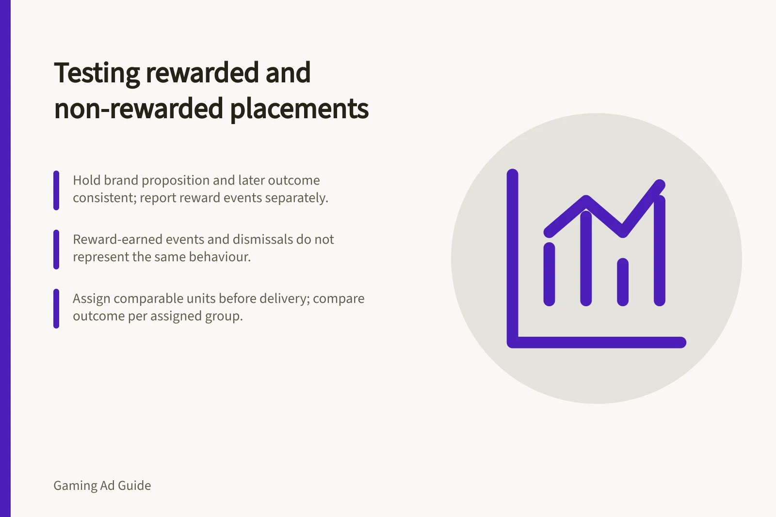 Testing rewarded and non-rewarded placements: Hold brand proposition and later outcome consistent; report reward events separately.; Reward-earned events and dismissals do not represent the same behaviour.; Assign comparable units before delivery; compare outcome per assigned group.